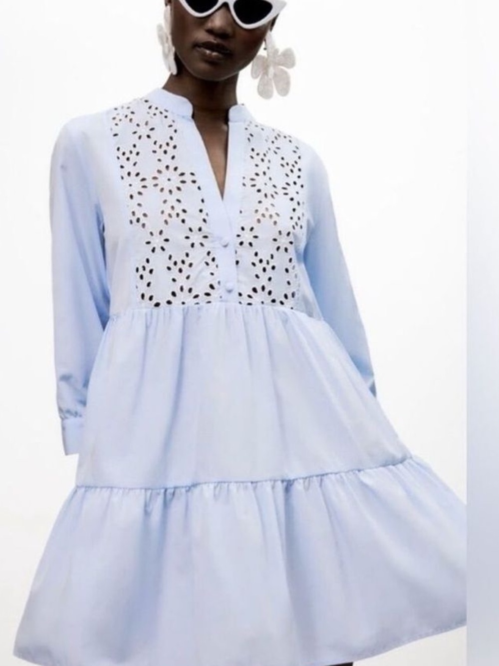 Zara  Blue Openwork Eyelet Mini  Dress Bloggers Fav Cottagecore Boho Peasant L
